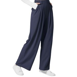 Halara High Waisted Plicated Side Pocket Wide Leg Waffle Work Pants - dark blue